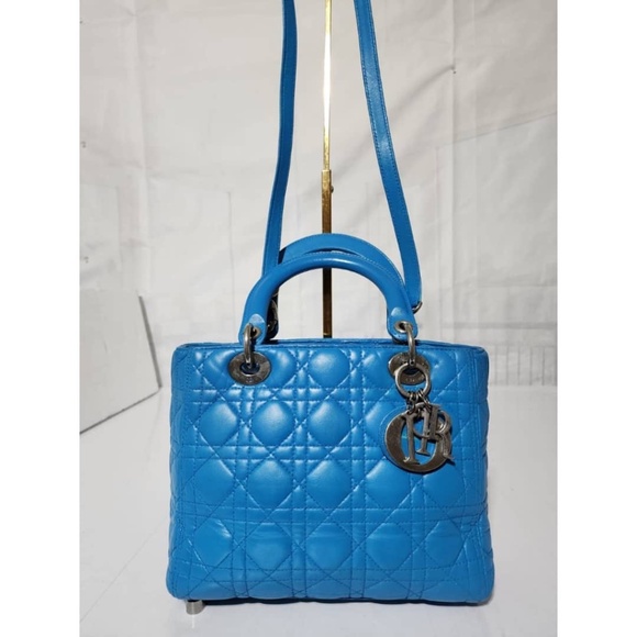 Authentic CHRISTIAN DIOR Lambskin Cannage Medium Lady Dior Satchel Bag Blue - Picture 5 of 16